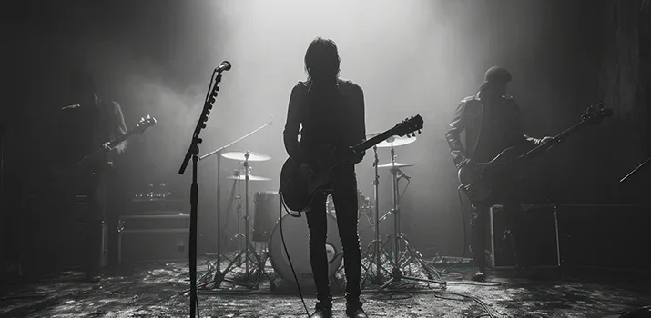 a black and white photo of a band playing in a dark room